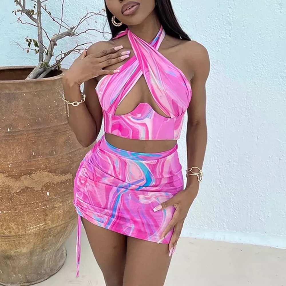 Pink Purple Gum Swirl Crop Top Matching Set 2PCS Y2K Fashion Barbie Girly Girl